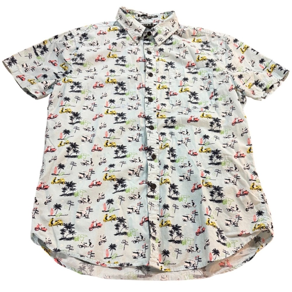 21 MEN Mens L Light Blue Tropical Scooter Palm Tree Hawaiian Button Down Shirt